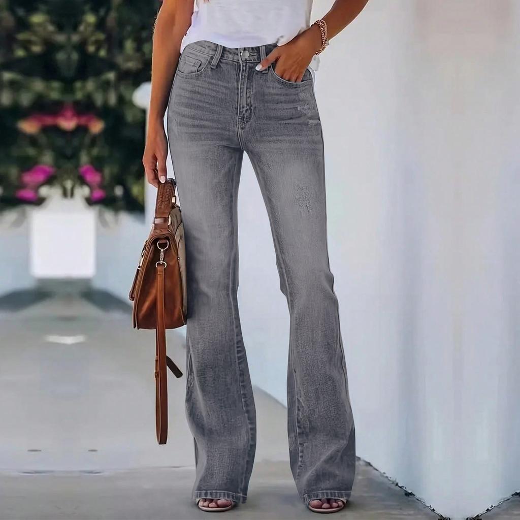 Modische Damen Slim Fit Schlagjeans Casual High Waist Blaue Jeans mit Taschen