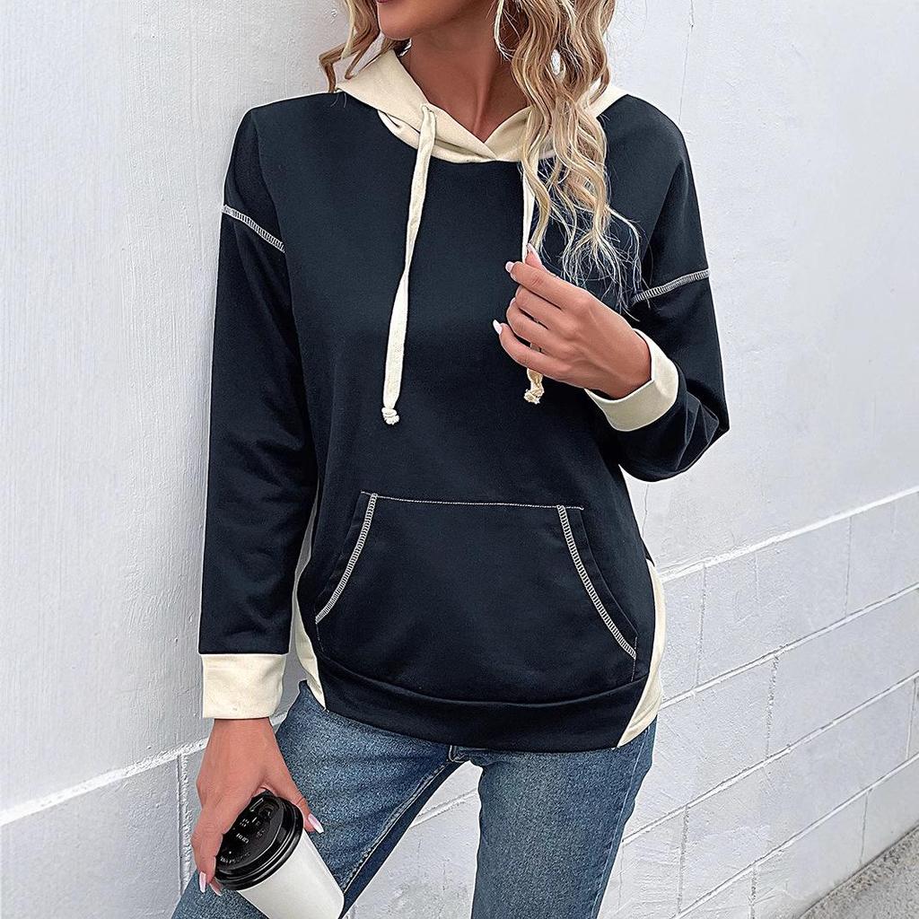 Autumn 2026 Women's Color Block Hooded Pullover with Pockets