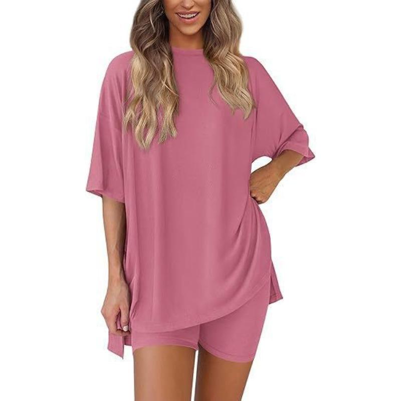 Women's Crew Neck Half Sleeve Oversized T Shirt Biker Shorts Loungewear Two Piece Pajama Set Casual Solid Outfit