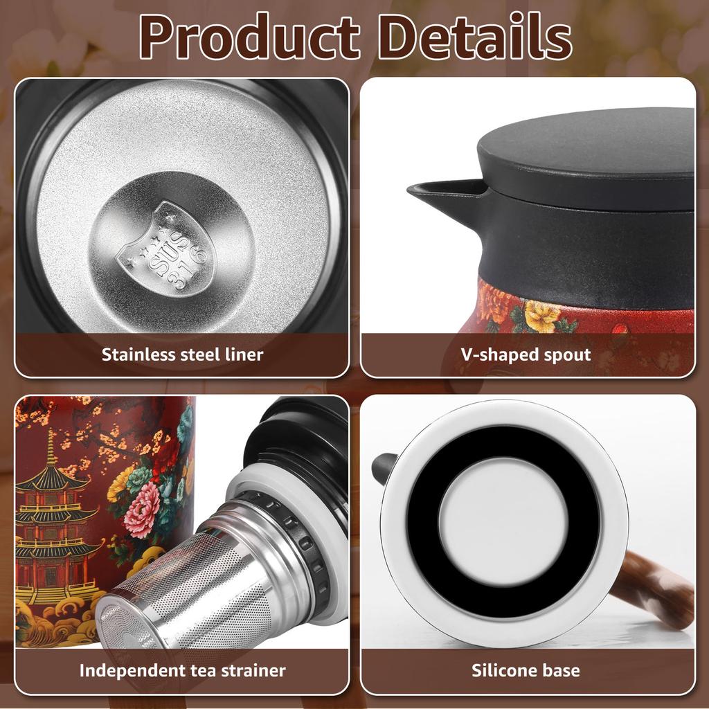 1000ML/33.82Oz Insulated Teapot Stainless Steel Teapots with Removable Infuser Vintage Flower Pattern Tea Kettle for Home Office