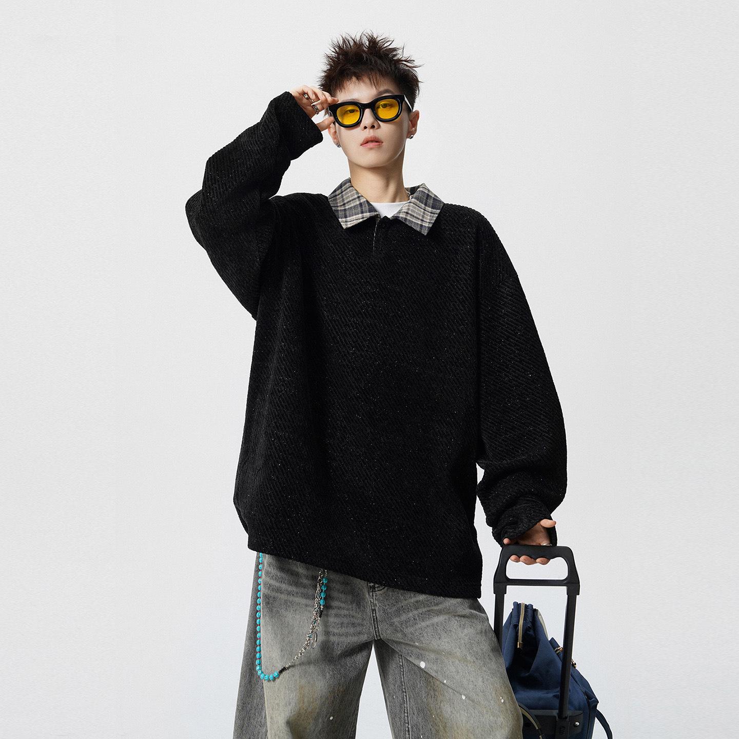 Men s Autumn Patchwork Knit Polo Hoodie - Old Money Style, Fake Two-Piece Long Sleeve XXXL
