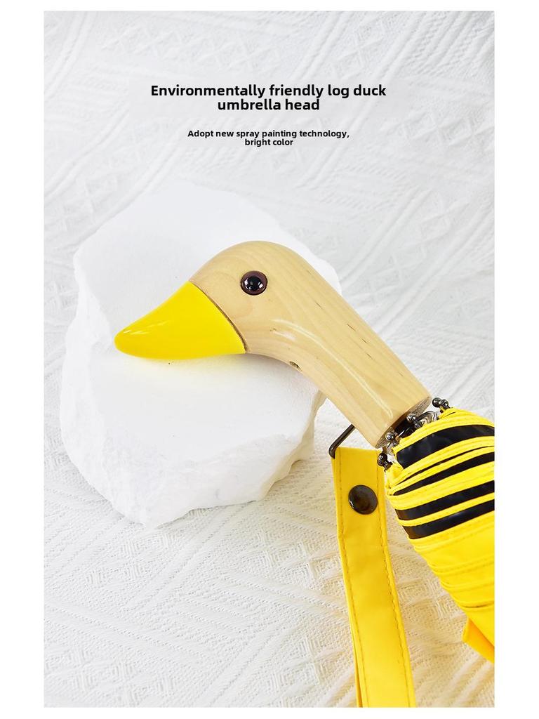 Creative Duck Head Umbrella: Stylish Black with Wooden Handle, Sun Protection, Dual-Purpose for Rain or Shine.