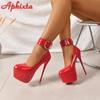 Aphixta 4cm Belt Buckle Platform Pumps Round Toe 16.5cm Thin Heel Ankle Strap High Heel Women Summer Spring Shoes Big Size 49 50