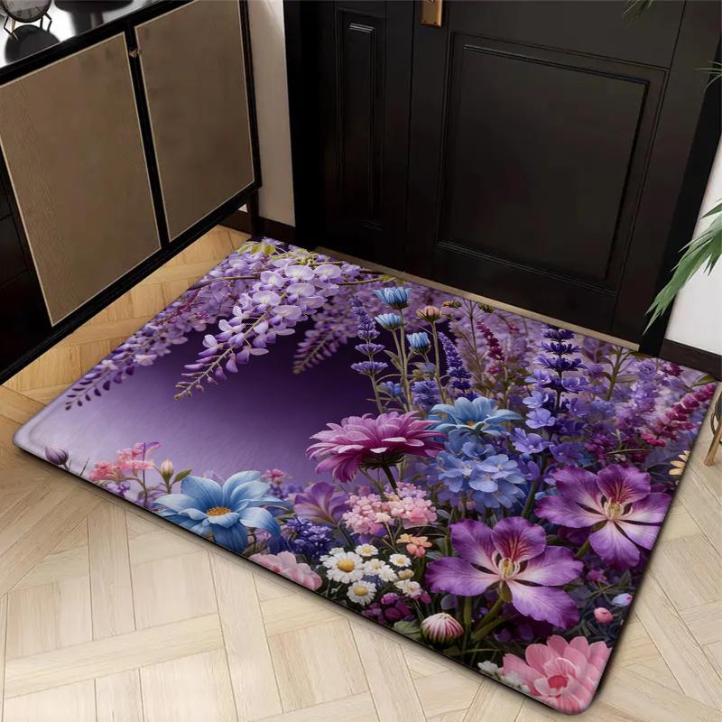 1pc Non-Slip Soft Entry Rug with Floral - Purple Blue Pink Spring Flowers Low-Pile Machine Washable Indoor/Outdoor Suitable for Front Door, Bathroom,