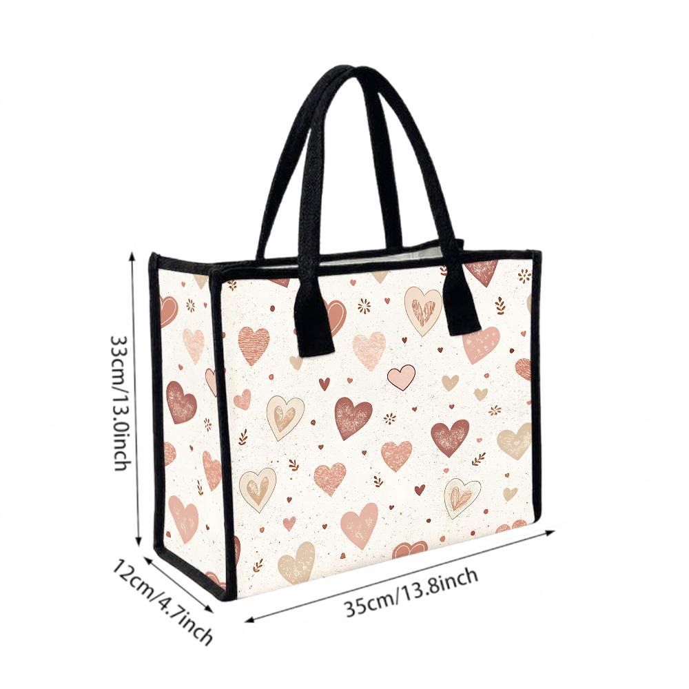 Cute Heart Pattern Tote Bag Portable Daily Use Shopping Bag Casual Fashion Shoulder Handbag for Women