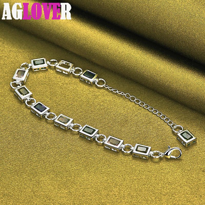 925 Sterling Silver Square inläggningar med flerfärgade AAA Zircon Armband Smycken