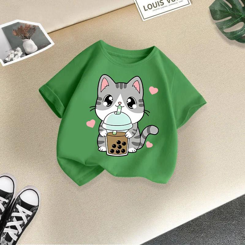 Dětské tričko s potiskem kočky Dětské 100% bavlněné oblečení Topy 2-13Y Volný střih Ležérní Kulatý výstřih Krátký rukáv