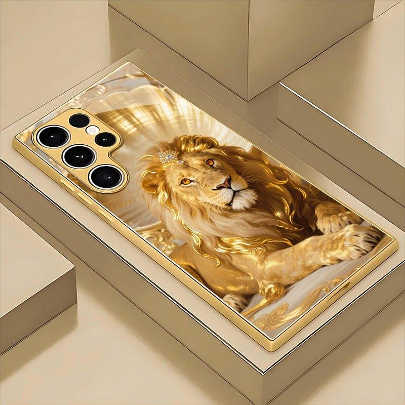 Wunderschöne goldene Löwenkönig gemusterte Glas-Handyhülle geeignet für Samsung Galaxy S26 S25 S24 S22 S21 S20 FE/Ultra/Plus Hartschale