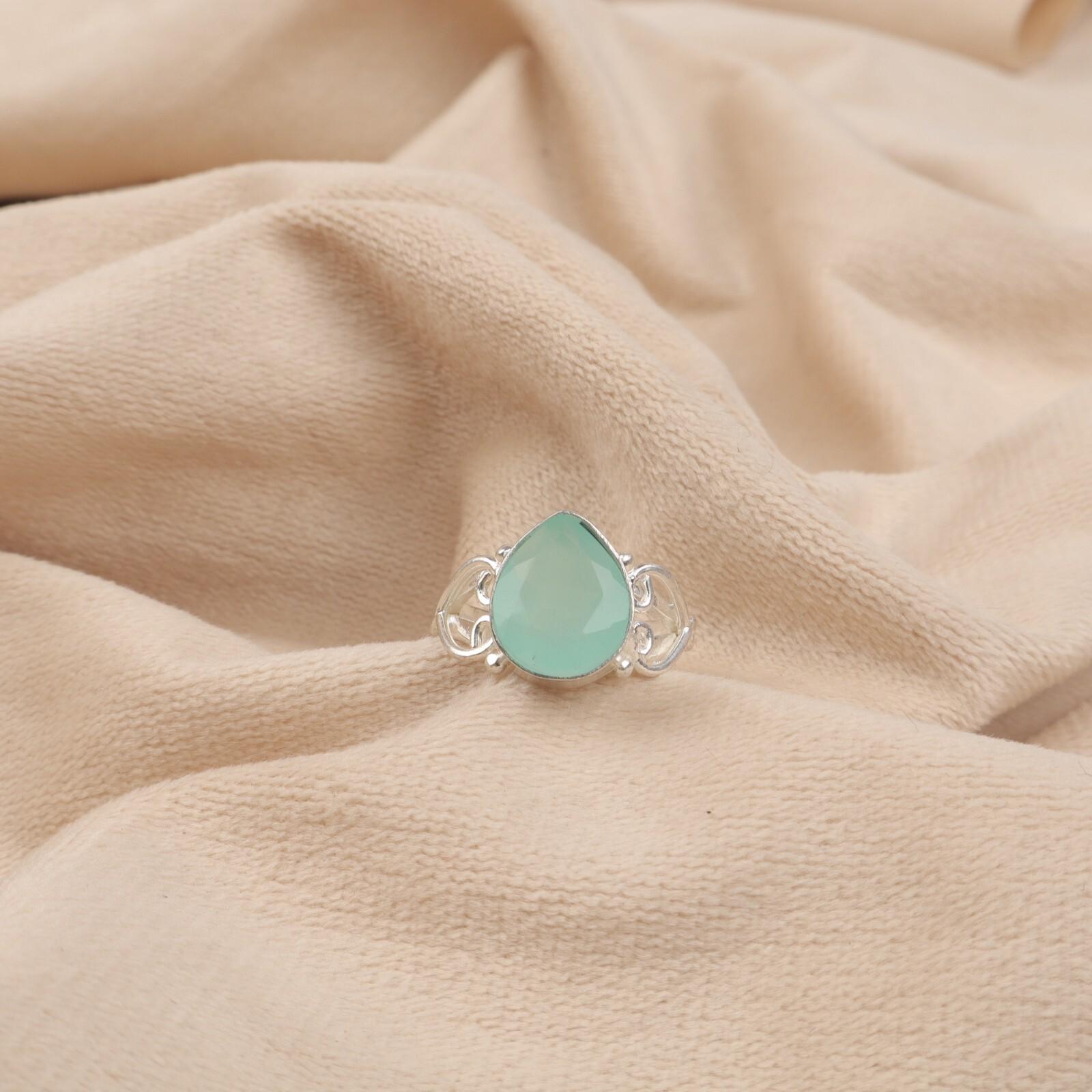 

Natural Aqua Chalcedony Gemstone 925 Sterling Silver Jewelry Handmade Boho Ring RR-46-8 13