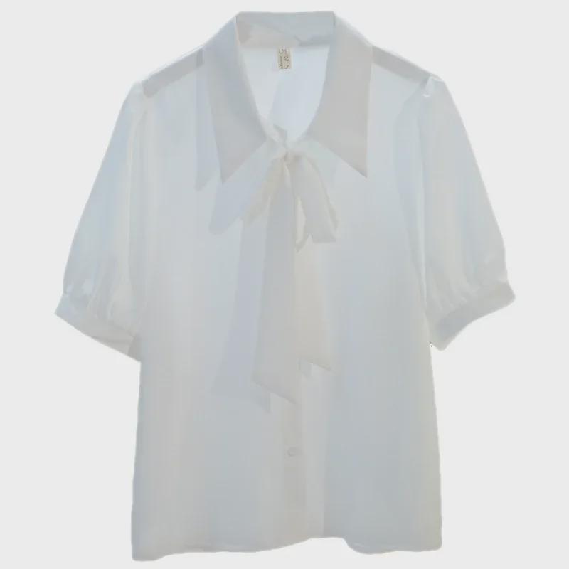 Women's White Chiffon Bow Tie Shirt - Summer Short-Sleeved Professional Top