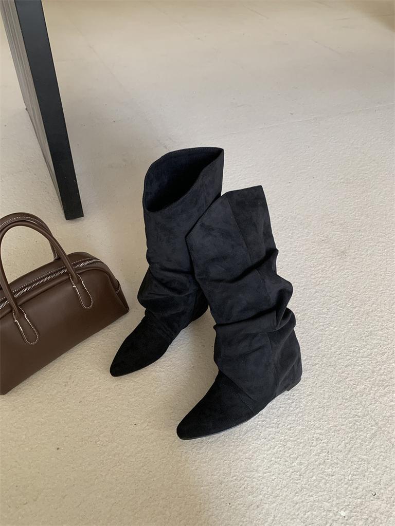 Temperament Pleated High Boots Suede Piled Boots Women's Fried Street Boots New Pointed Trousers Long Boots Long Boots