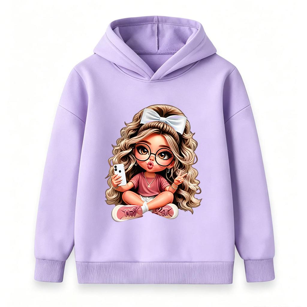 Kids Boys Girls Hooded Sweatshirt Cute Cartoon Girl Print Long Sleeve Pullover Hoodie Casual Warm Top For School Street Daily Wear For 3-12 Years Old