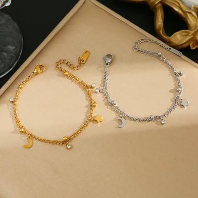 Women's Double-Layer Titanium Steel Bracelet with Star and Moon Design - Light Luxury High-End Jewelry, Non-Fading.
