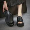 Johnature Genuine Leather Peep Toe Wedges Slippers Versatile Thick Soled Comfortable Women's Outdoor Slides