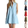 Women's Sleeveless Stand Collar Loose Fit Single Breasted Dress with Pockets Vacation Casual Mini Dress