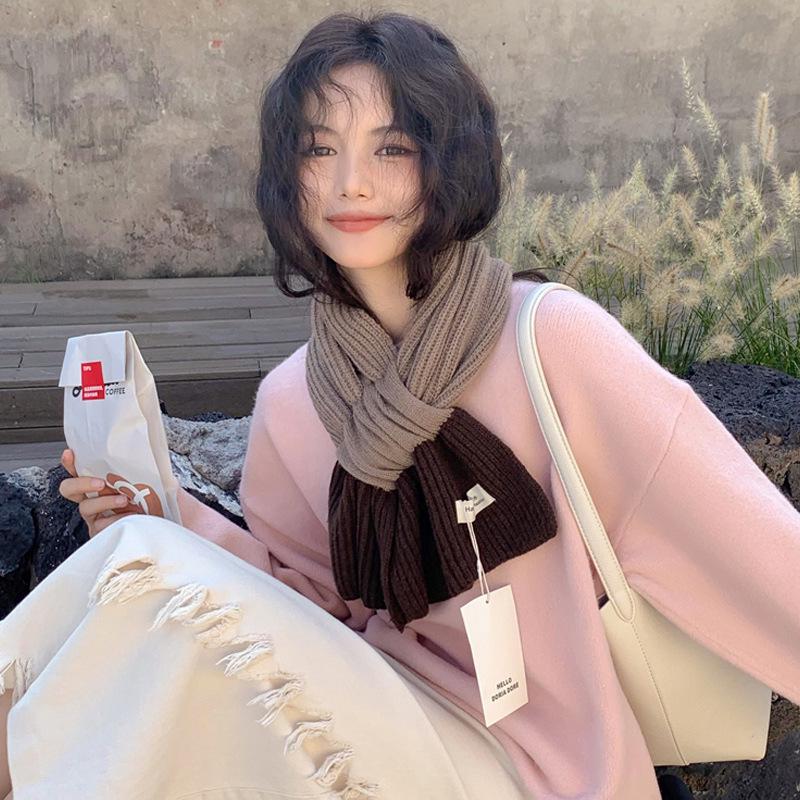 Colorblock Knit Small Scarf: Women's Autumn Winter Korean Style, Warm & Versatile for Students & Couples, Solid Color Snood