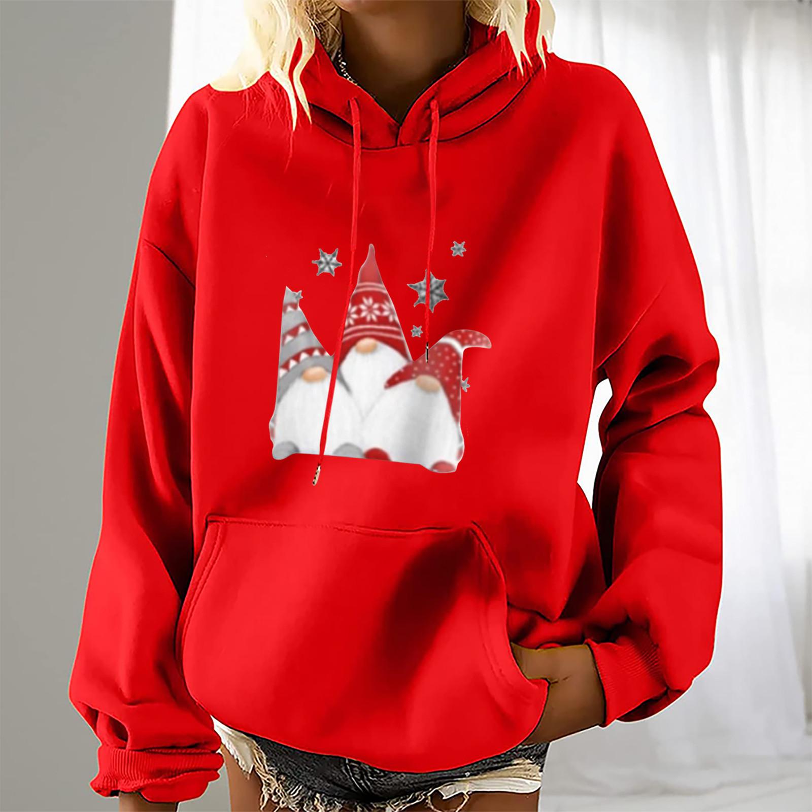 

Женская мода для отдыха, рождественской вечеринки, пуловер с длинными рукавами и капюшоном с принтом, топ XXXL красный