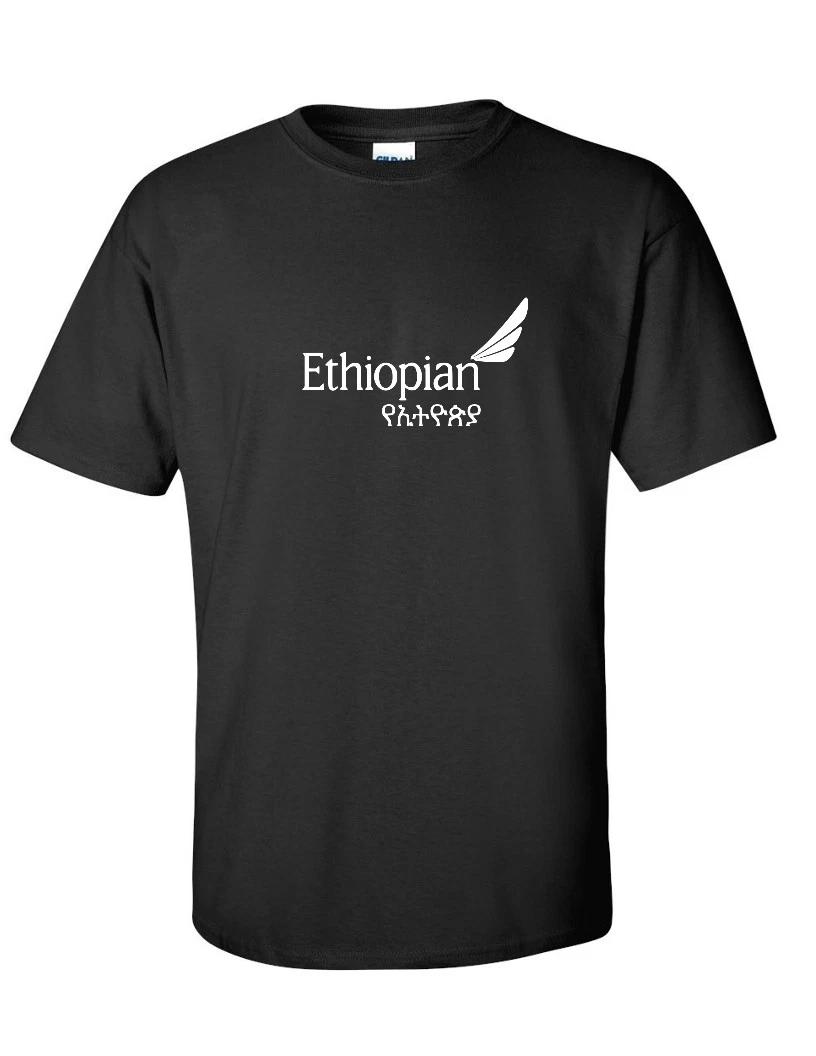 Ethiopian Airlines White Logo African Aviation Black Cotton T-Shirt L