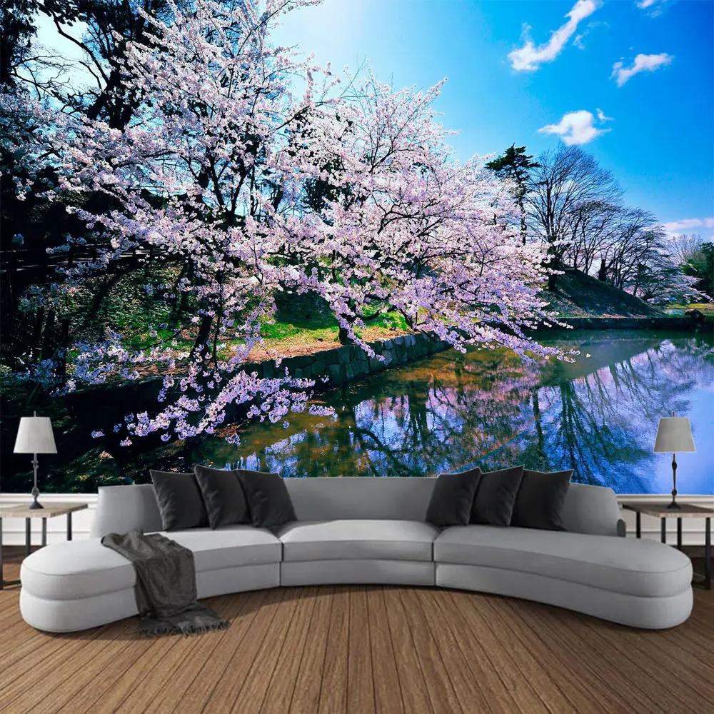 Cherry Blossom Landscape Printing Tapestry Home Wall Hanging Living Room Large Fabric    Decoration