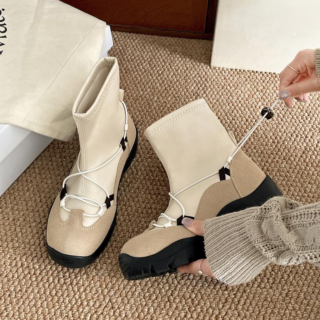 Queen Fan Black Retro Platform Boots Women's Short Boots 2025 New Autumn Versatile Height Increasing Skinny Elastic Boots