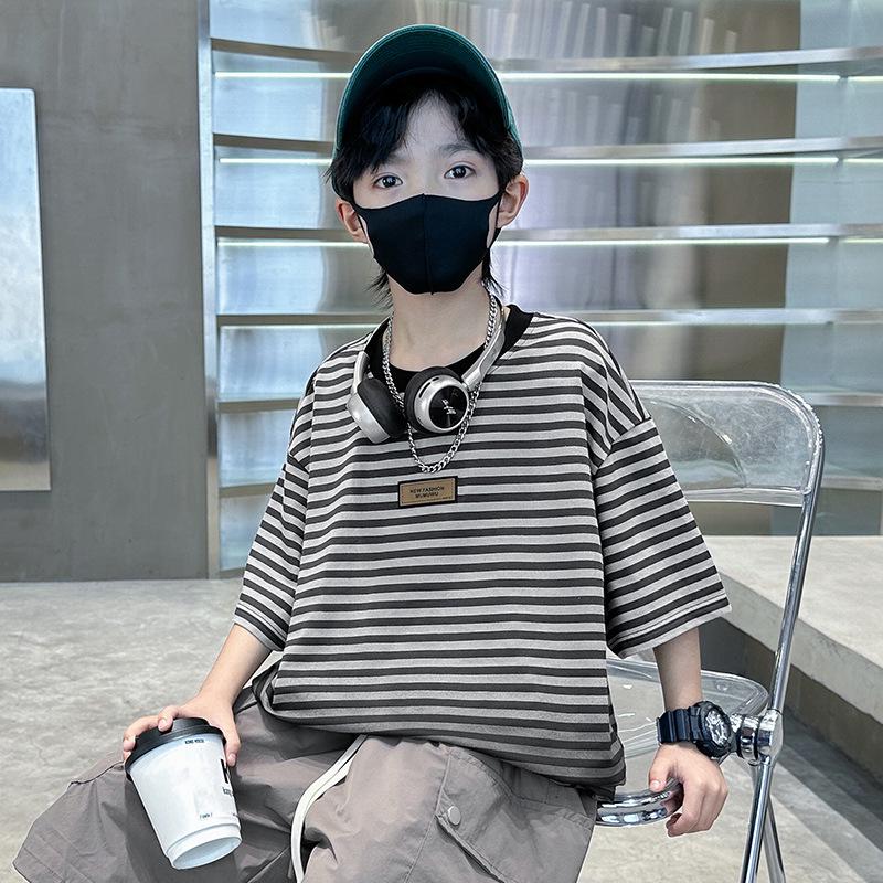2025 Boys' Gradient Striped Short-Sleeve T-Shirt - Trendy Summer Top