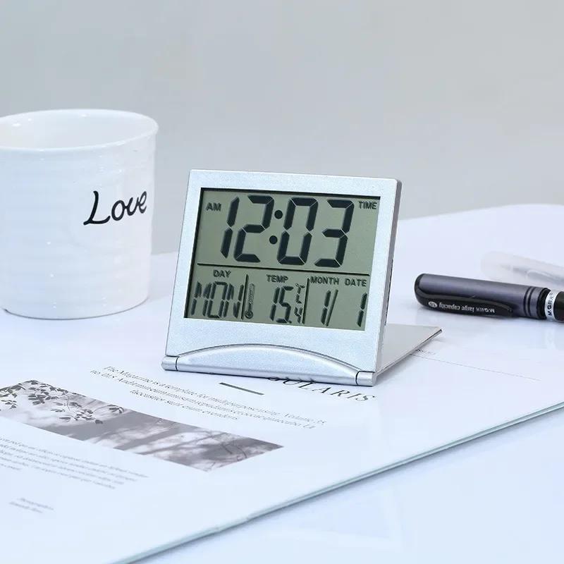 

Складной дорожный цифровой будильник с большим дисплеем, календарем, таймером температуры, настольными часами, украшением дома серебряный