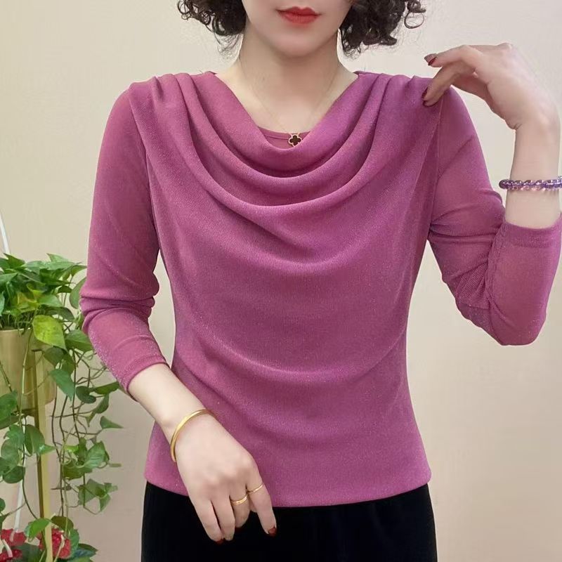 Jaro Podzim Síťovina Úzké Základní Tričko Dlouhý Rukáv Skládané Jednobarevné Tenké Vrchní Díly Trička Vintage Kancelářské Dámské Oblečení