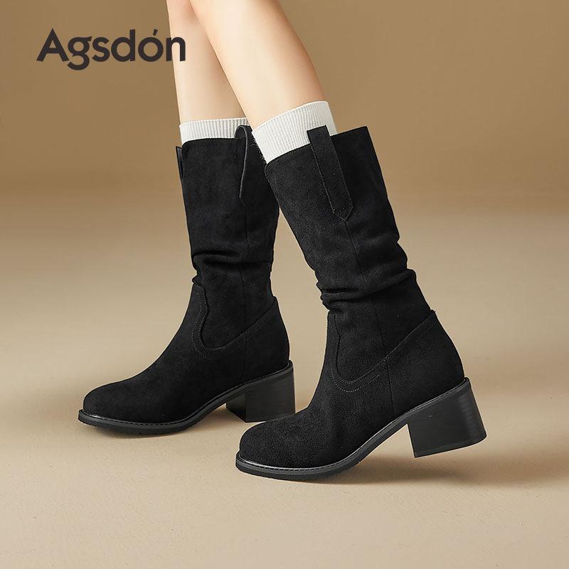 Augustine Western Cowboy Boots Women's 2025 New Autumn and Winter Black Pile Short Boots Coarse Heel Knight Martin Boots