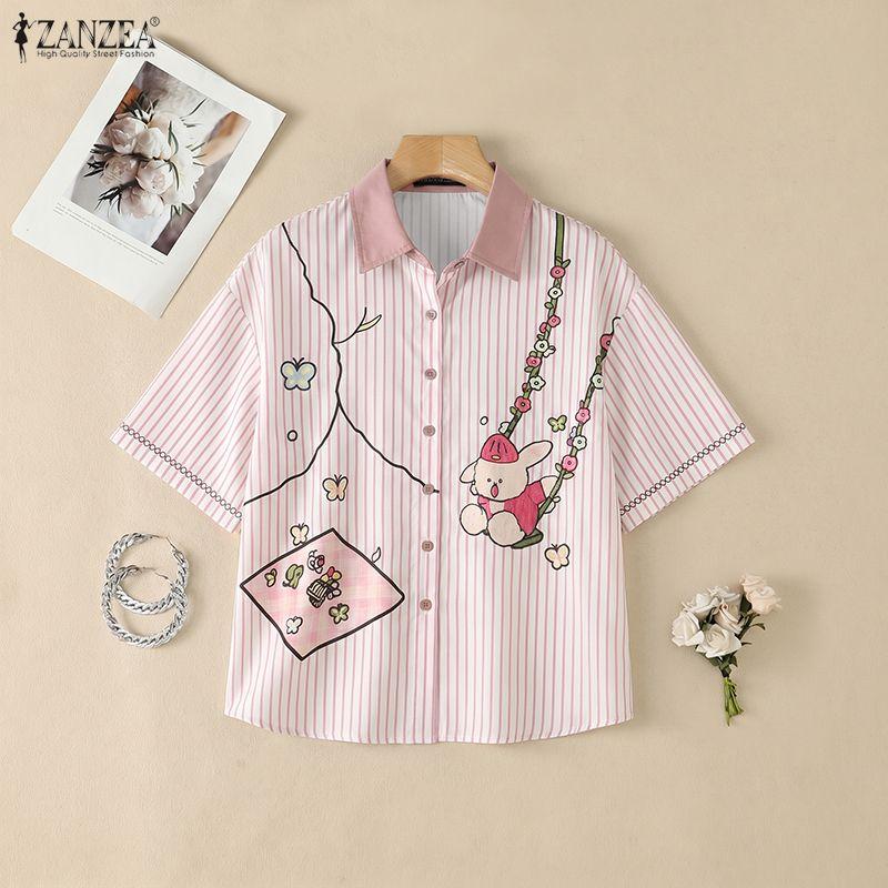 ZANZEA Women Casual Turn Down Collar Loose Short Sleeve Funny Print Stripe Blouse