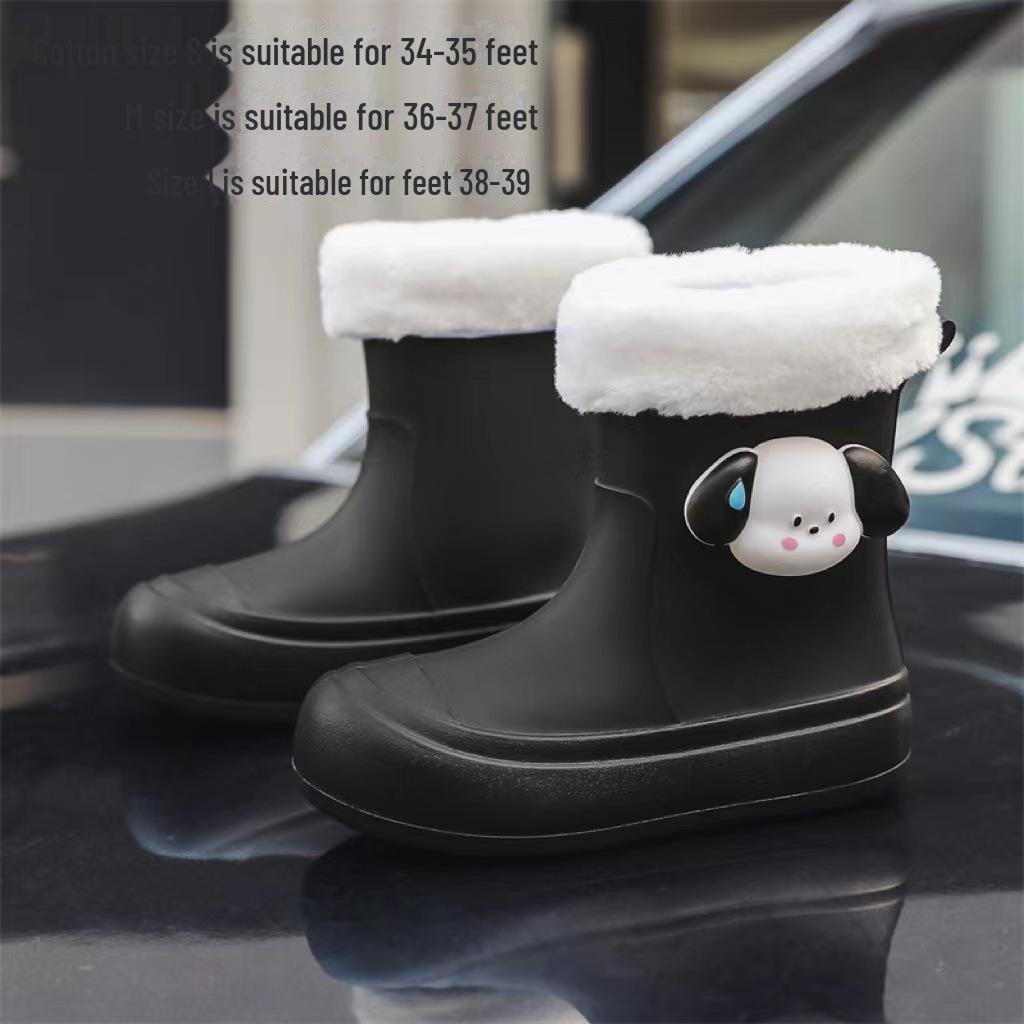 Women's Cute Korean Cartoon Non-Slip Waterproof Rain Boots with Velvet and Cotton for Warmth - Short Tube Outdoor Footwear