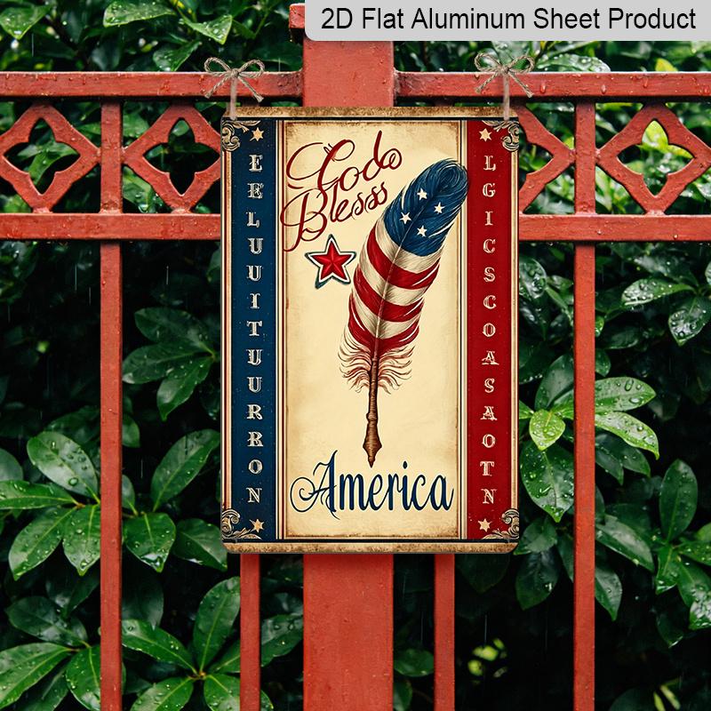 2D Flat, 1pc Patriotic Metal Sign - God Bless America Wall Art with Stars Feathers Design, 8x12 Inch Rustic Aluminum Sign for 4th of July Outdoor