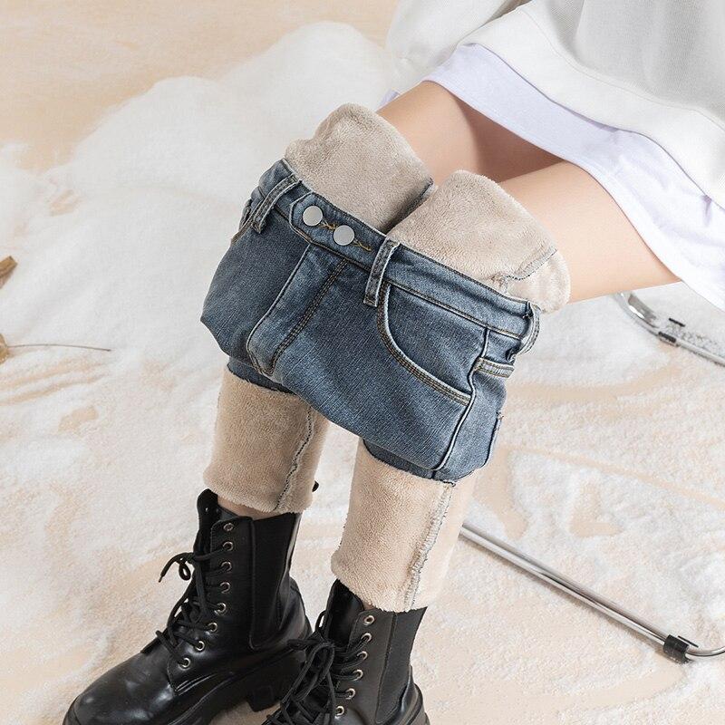 

2022 зимние толстые брюки в корейском стиле, уличная одежда, модные теплые узкие джинсы для женщин, узкие брюки с высокой талией 32