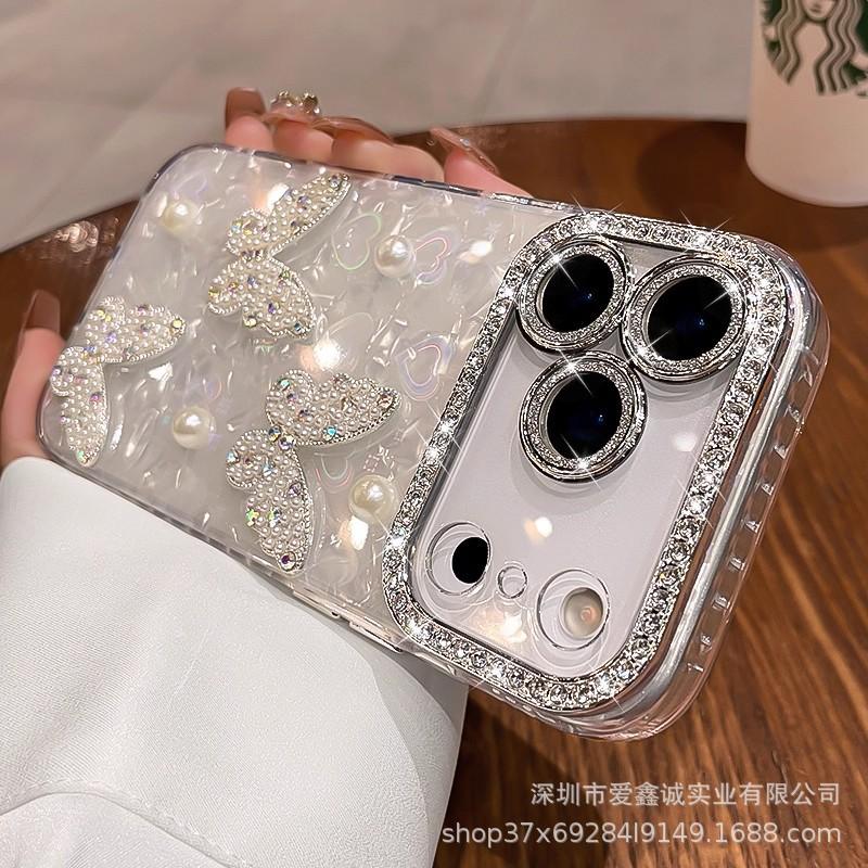 Rhinestone pearl butterfly is suitable for Apple 17Pro mobile phone case iphone16 with its own lens film 15 all-inclusive anti-drop.