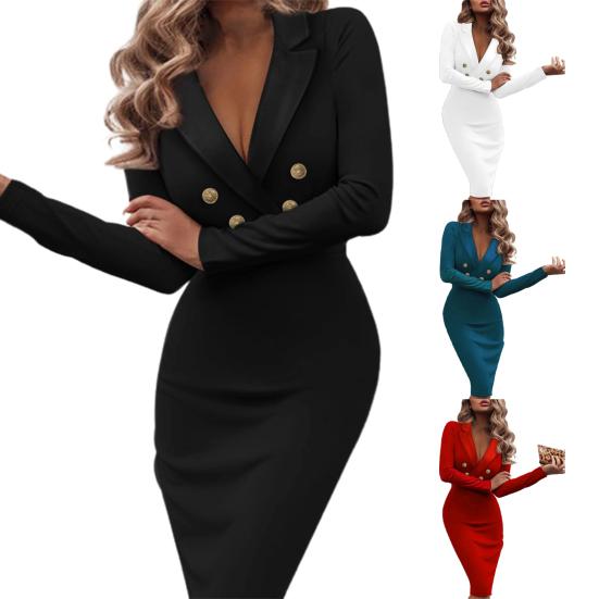 Women Dress Hip-hugging Double-breasted Slim Bodycon Party Cocktail Dress for Banquet