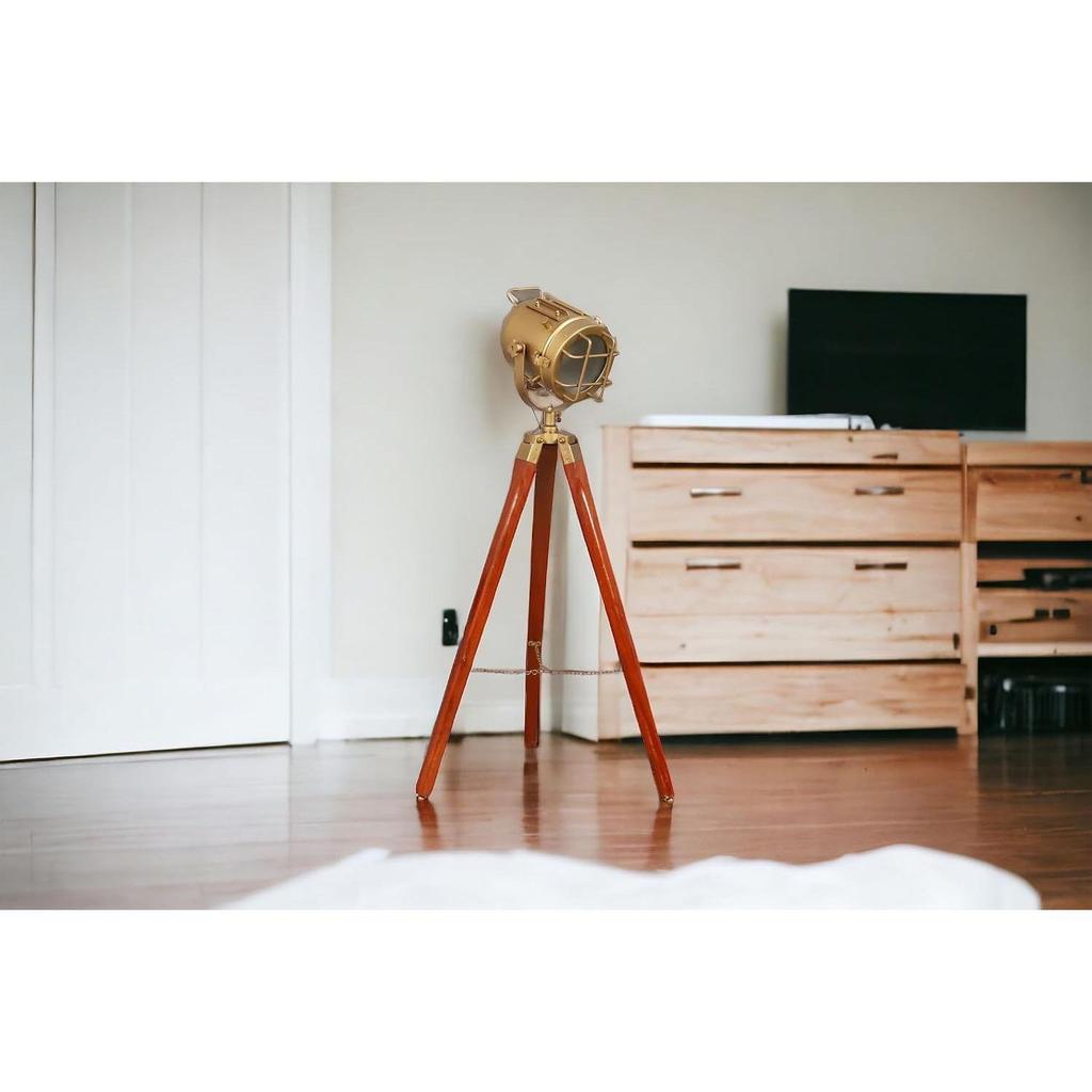 Metal Brass Floor Lamp Wooden Tripod Stand with Adjustable Height and Rotatable Arm Perfect Incandescent Lighting for Living Rooms