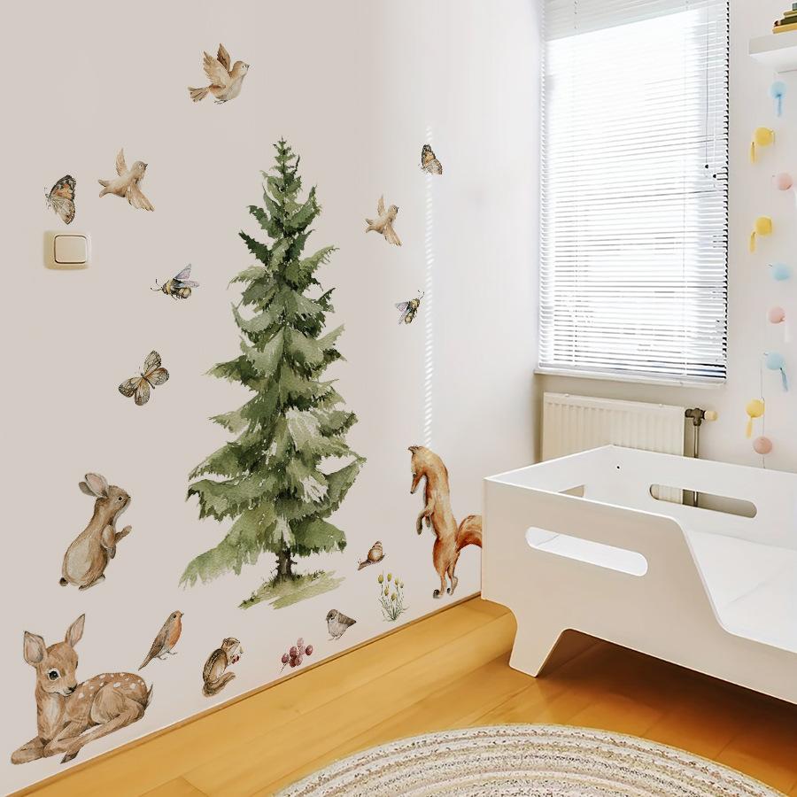 Forest-themed Pine Tree Animal Children's Bedroom Self-adhesive Decorative Stickers