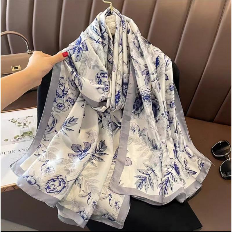 Spring and Summer Thin Silk Scarf High-end Printed Long Scarf New Satin Travel Sunscreen Scarf National Style Cloak