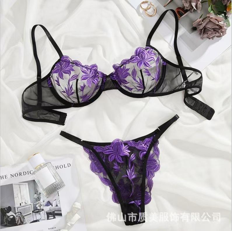 Sexy Lingerie Embroidered Flower Women's Perspective Mesh Bra Sexy Bra Panty Set