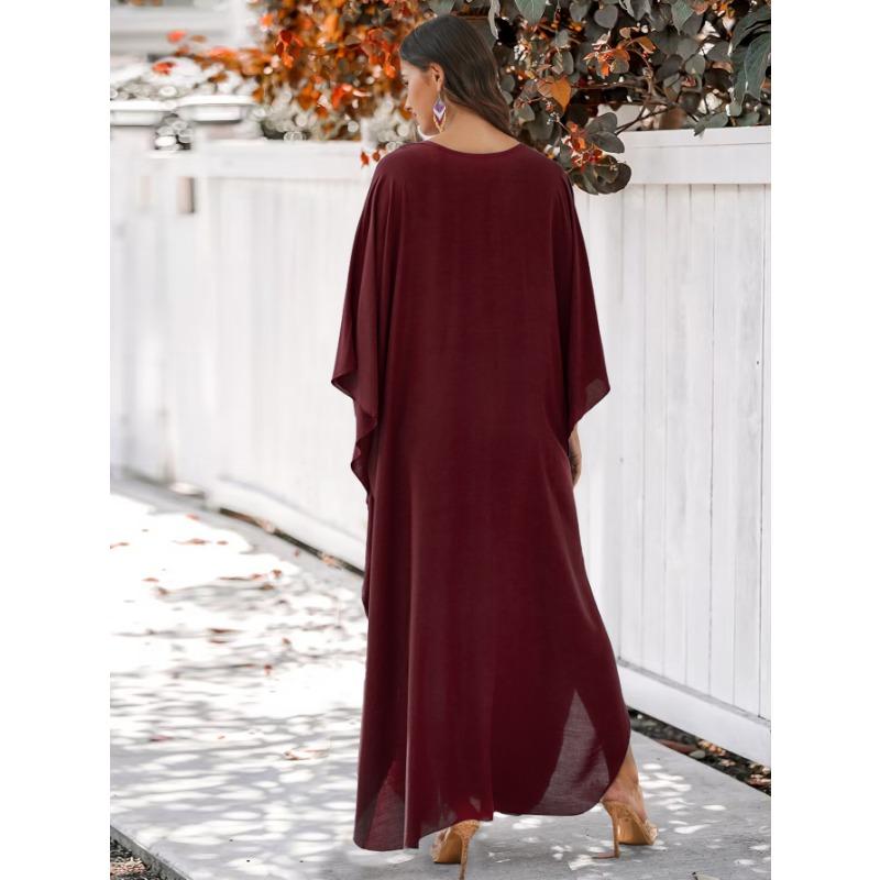 Women's Fashion Spring Fall Solid Color Print Long Sleeve V-Neck Loose Waistline Casual Dresses