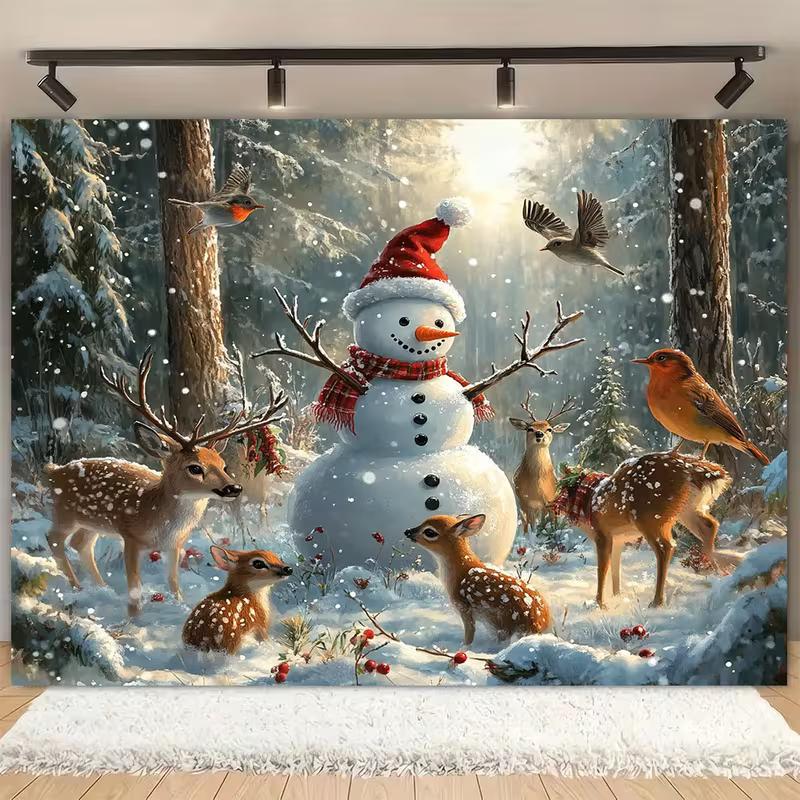 

2D Flat Christmas Background Cloth, Snowman & Wildlife Scene in Winter Forest Backdrop 47.2x31.5inch/120*80cm
