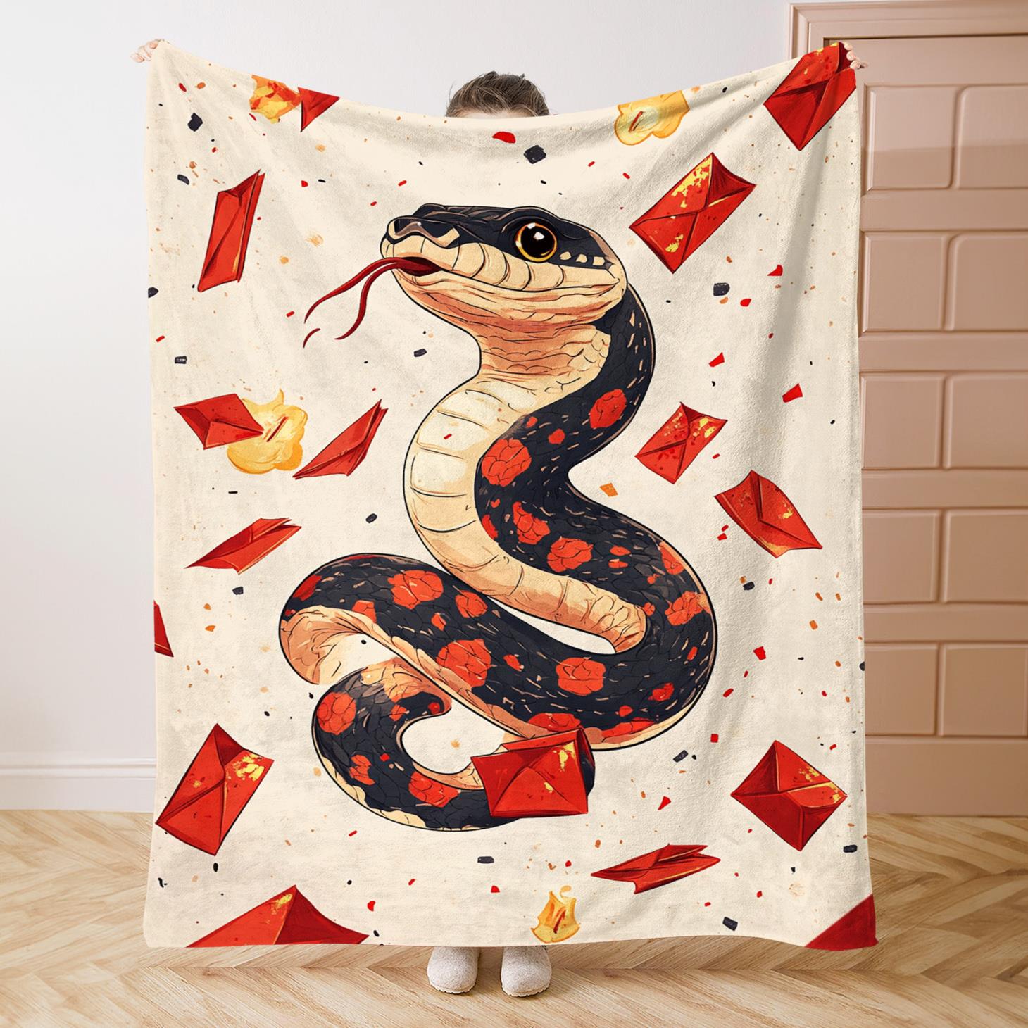 

New Year red-bunny pattern flannel blanket for bed, sofa, travel, featuring good luck design suitable for family use and camping 75x90cm
