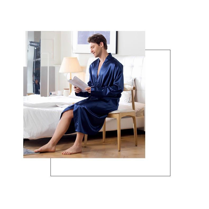 Men's Summer Lightweight European-Size Silk-Feel Mid-Length Cardigan Bathrobe Pajamas