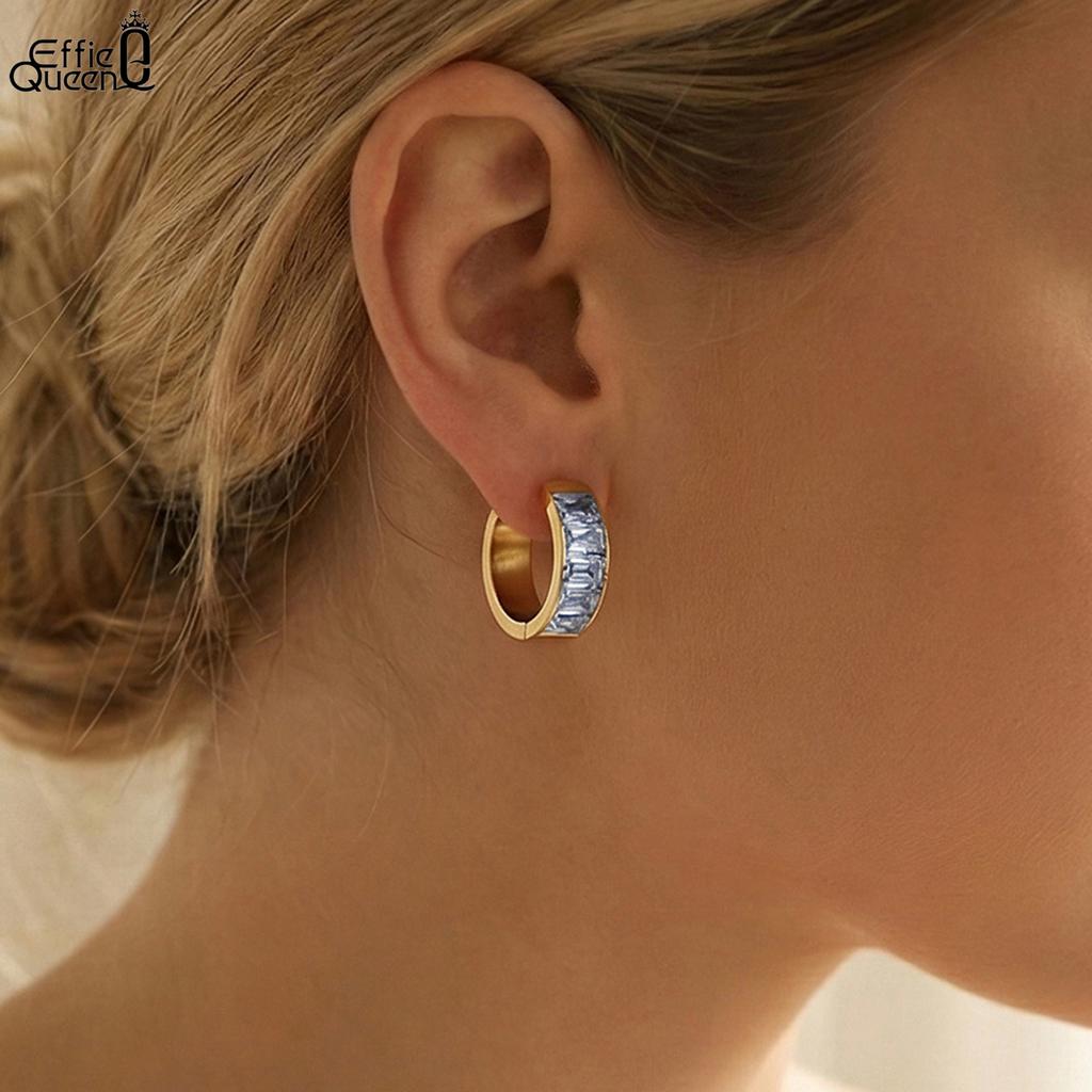 Effie Queen Stainless Steel 18k Gold Square Cut Zirconia Hoop Earrings Ideal Jewelry for Women Wedding Party Banquet Gift STKE19
