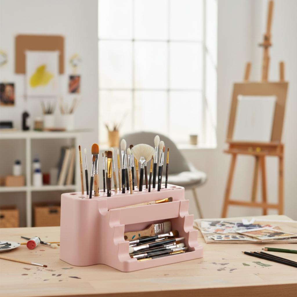 Paint brush organizer, pink stand with tray, 26 places