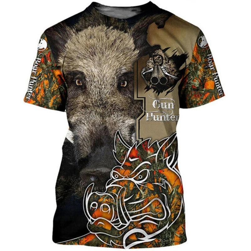 Wild Boar Hunting Themed Jungle Scenery 3D Print Short Sleeve T-Shirt Casual Outdoor Top