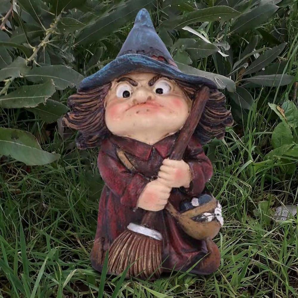 Resin Halloween Witch Sculpture Funny Garden Dwarf Figurine Crafts Gnome Statues  Tabletop