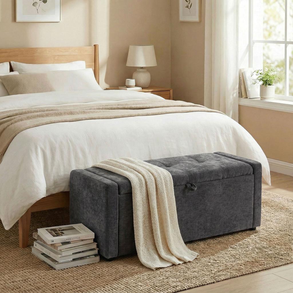 Storage Bench End Of Bed Linen Upholstered Footrest With Wide Seat 122 X 48 X 44 Cm Dark Gray