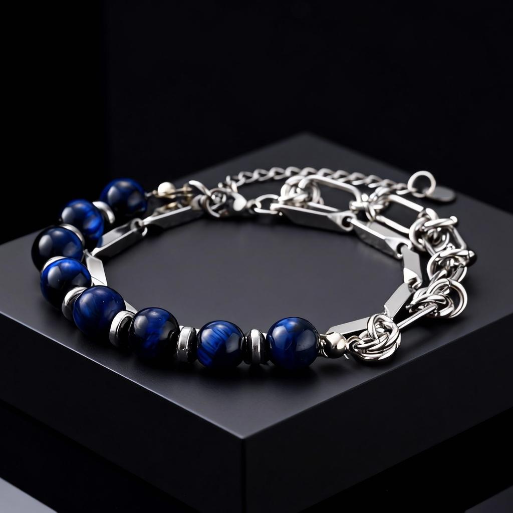 Trendy Hip Hop Double-layer Link Blue Tiger Eye Bracelet for Men, Stainless Steel Splicing Chain Natural Stone Bracelets Jewelry