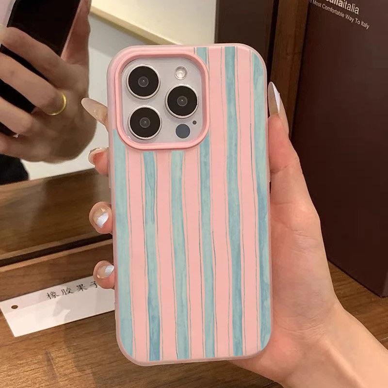 Fresh Blue Striped Phone Case for iPhone 17 16 15 14 13 12 11 Pro Max XS X 7 8 Plus SE 2022 16E 2 In1 Creative Design Back Cover