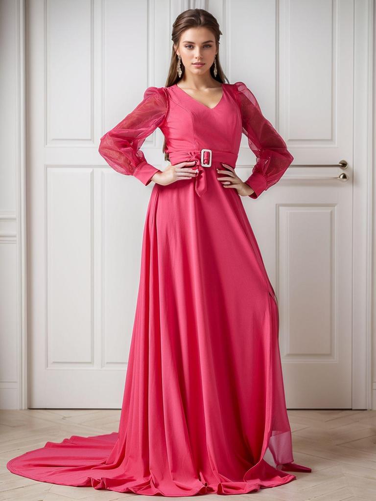 Elegant European & American Solid Color V-Neck Long Sleeve Evening Gown with Big Swing